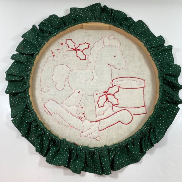 Handmade Christmas Rocking Horse Joy Drum Ruffled Edge Wall Art Embroidery Hoop - Picture 11 of 12
